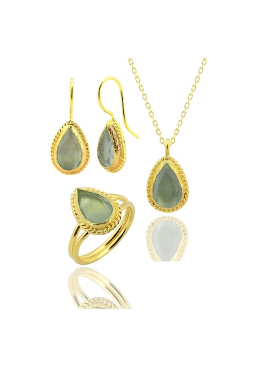 Beyisa Güneş Taşı Serisi Sarma Damla Kesim Mavi Renkli Oniks 22 Ayar Altın Kaplama Kadın Set