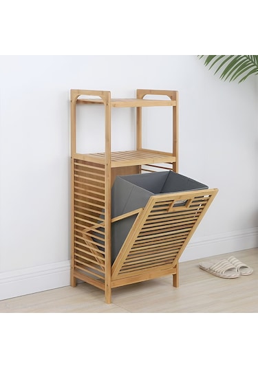 2 Organizer Raflı - Çek Aç Sepet Ahşap Bambu Kirli Çamaşır Sepet Çok Renkli