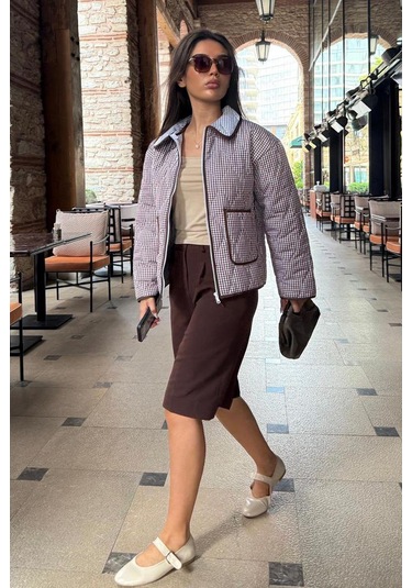 Kahverengi Pötikareli Cepli Kadın Mont Mg2488 Kahverengi