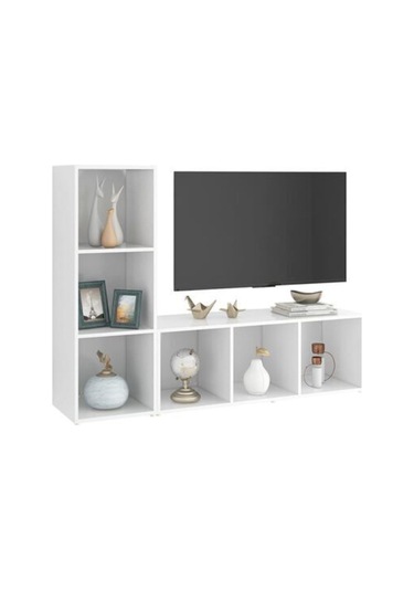 Tolga Kitaplıklı Televizyon Sehpası Ünitesi Kitaplık Beyaz 120 Cm 6 Raflı Beyaz
