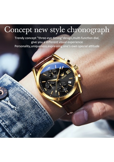 Olevs 2872 Erkekler Üç Göz Altı İğne Kronograf Su Geçirmez Kuvars Saat Siyah + Altın