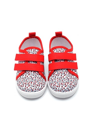 Çiçek Desenli Çift Cırtlı Keten Spor Çocuk Ayakkabısı-kırmızı-f-498 Kırmızı