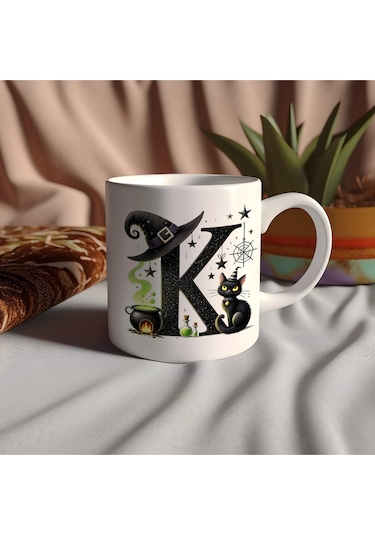 K Harfli Halloween Kedili Figür Kupa Bardak - Şapkalı Ve Kazanlı İsme Özel Kupa - Hediye Beyaz