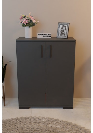 2 Kapaklı Çok Amaçlı Raflı Erzak Dolabı Mutfak Dolabı - Antrasit