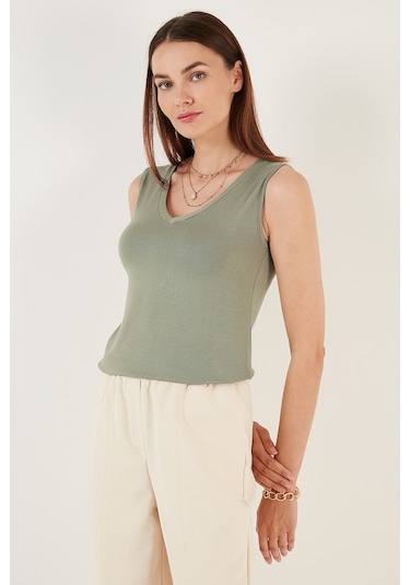 Lela Kalın Askılı V Yaka Bayan Bluz 5864384 Olive
