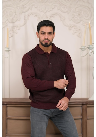 Woolen World Polo Yaka Armürlü Yünlü Erkek Triko Kazak Bordo