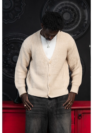 Akçaylar Oversize Crop Model V Yaka Düğme Kapamalı Örgü Hırka Krem