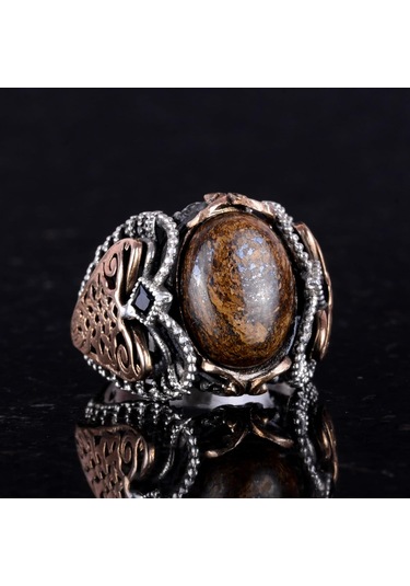 El Yapımı Gerçek Doğal Bronzit Taş Yüzük, 925 Ayar Katı Gümüş Erkek Yüzüğü Gümüş