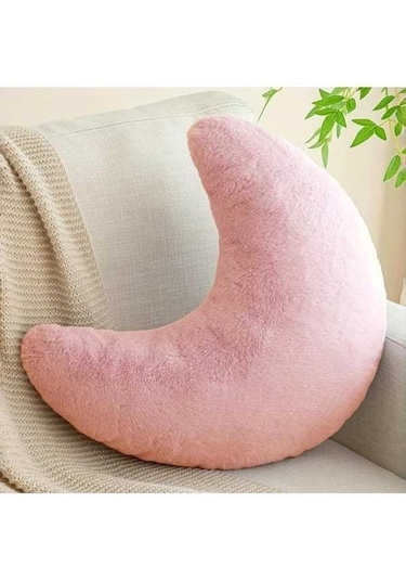 Trendooze 30x25cm Pembe Tüylü Ay Yastığı, Yumuşak Dekoratif Minder Pembe