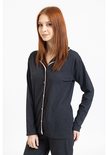 Tampap Gömlek Yaka Düğmeli Kadın Pijama Takımı 3010 Füme