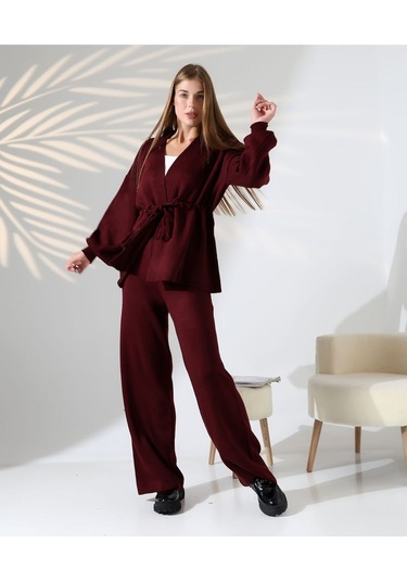 Kuşak Detaylı İkili Triko Takım Bordo