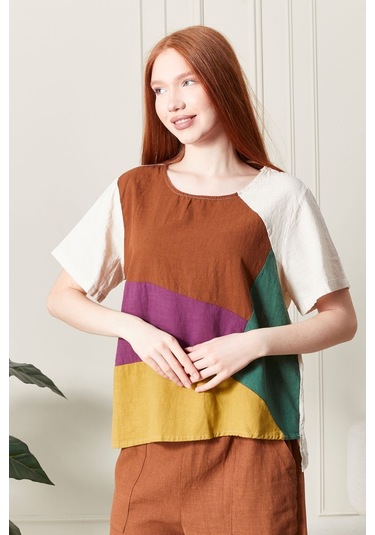Keten Gökkuşağı Asimetrik Kesim Bluz Renkli Ve Şık Tasarım Bej