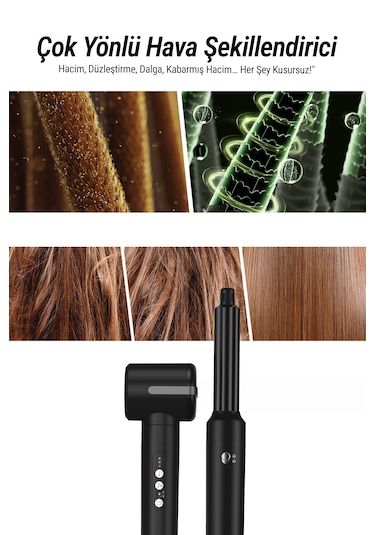 Veryfit 7 in 1 Hava Üflemeli Saç Düzleştirici Bukle Maşa Airwrap Compact Saç Kurutma Fön Makinesi Siyah