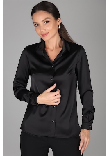 Sweetness Kadın Siyah Saten Gömlek Siyah
