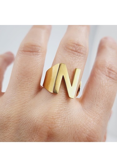 Çelik Gold Düz Kesim Harf Yüzük -n Harfi- Ayarlı Ölçü-1898 Altın