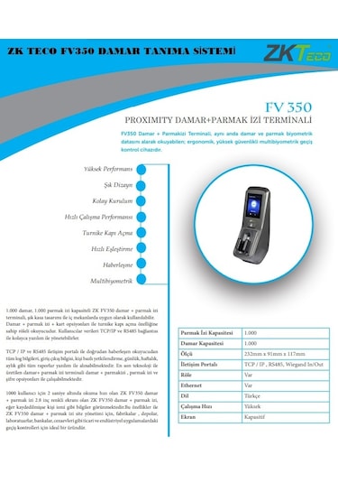 ZK TECO FV350 DARAM TANIMA PERSONEL TAKİP SİSTEMİ