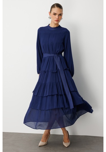 Mizalle Kat Pileli Maksi Lacivert Elbise Lacivert