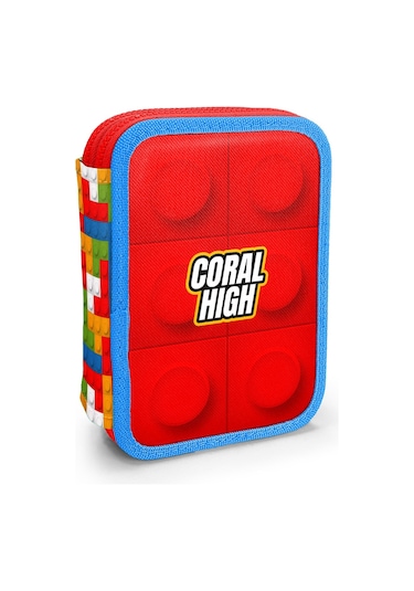 Coral High Kids Renkli Blok Desenli Çift Katlı Kalem Çanta 11157 Kırmızı