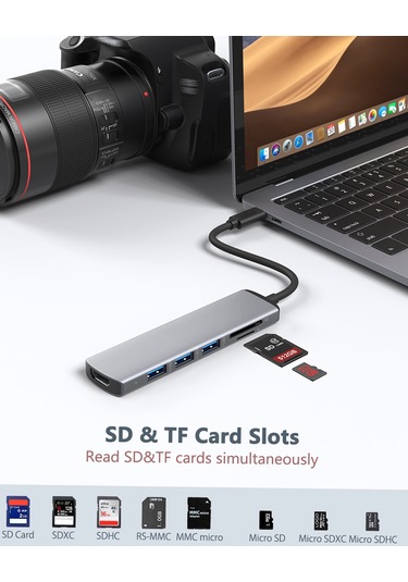 Maiyame Usb C Hub Çoklu Bağlantı Noktası Adaptörü - 4k Hdmı Çıkışlı 6'sı 1 Arada