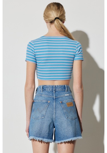 Regular Fit Normal Kesim V Yaka Çizgili Crop Bluz W231671400