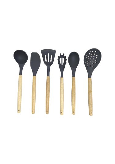 Ivory Doğal Bambu Saplı %100 Silikon Mutfak Seti 6 Parça Gri