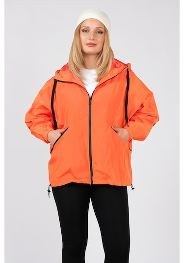 Giyim Dümnyası Kadın Paraşüt Kumaş Kapüşonlu Yağmuluk Turuncu 001