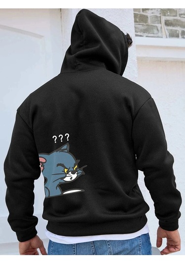 Sweatshirt Tom Ve Jerry Baskılı Kapşonlu Siyah
