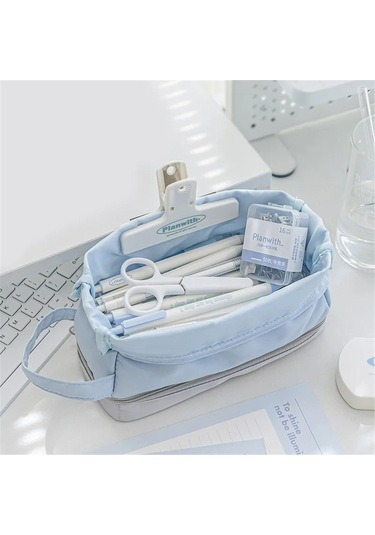 Aubyhe Geniş Kabinli Kumaş Kalem Kutusu, Çok Bölmeli, Dikey Fermuar İle Genişletilebilir, Öğrenci Okul Malzemesi, Seyahat/makyaj Kutusu - Lacivert Blue