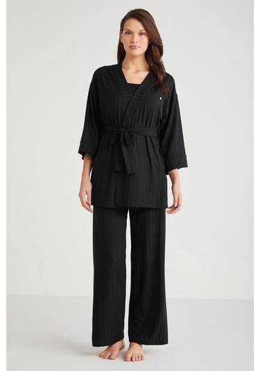 Penye Mood 3lü Kısa Kol Sabahlık Pijama Takımı Siyah