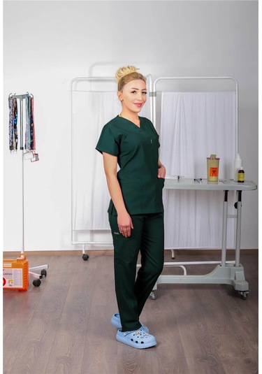 Likralı Cerrahi Forma Unisex Hemşire Doktor Sağlıkçı Forması Scrubs Üniforma Çam Yeşili