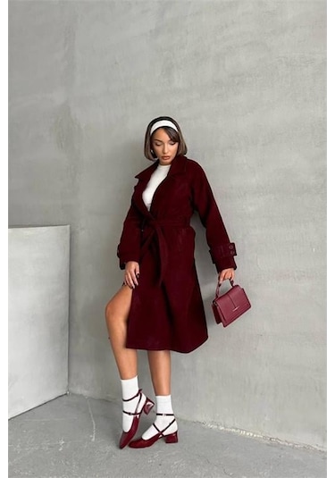 Kadın Astarlı Bordo İthal Kaşe Kaban Dpnbg048 Bordo