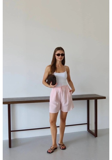Kazax Müslin Kumaş Şort Bağcıklı Pembe Pt Pembe
