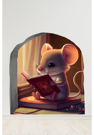 Fare Deliğinde Kitap Okuyan Sevimli Minik Fare Çocuk Odası Duvar Sticker