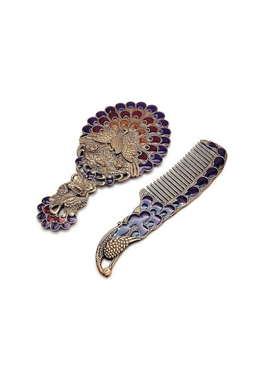 Ctbx Vintage Sap Peacock Tarak İki Parçalı Taşınabilir Makyaj Aynası Bakır