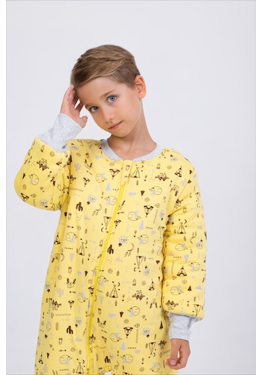 Kız Erkek Çocuk Kalın Elyaf Dolgulu Premium Kalite 2.5 Tog Desenli Uyku Tulumu Sarı - Kahverengi