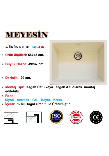 Meyesin ME-43K Tezgah Altı Granit Mutfak Eviyesi Krem 43 x 55 CM