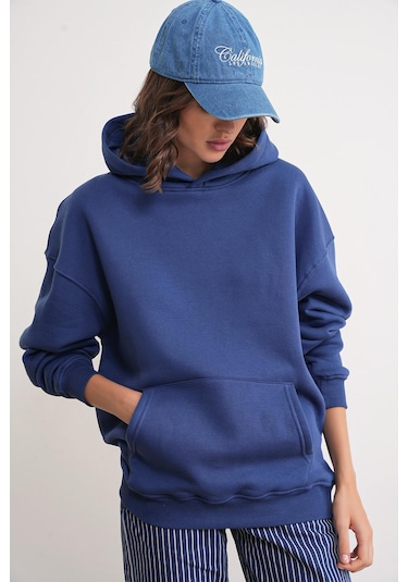 Mixray 2022 Unisex 3iplik Basic Polarlı Kapüşonlu Sweatshirt Hoodie Lacivert