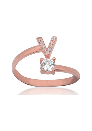 Zirkon Taşlı Pırlanta Montür Rose Altın Kaplama V Harfli Gümüş Yüzük Gümüş - Rose Gold