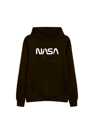 Unisex Siyah Nasa Baskılı Kapüşonlu Sweatshirt Kahverengi