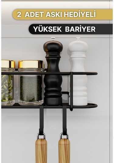 Bino Baharatlık Lüks Metal Siyah Mutfak Rafı Banyo Rafı Yapışkanlı Kancalı Tasarım Tuzluk Askılık Çok Renkli