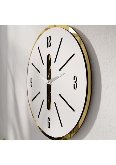 Minimalist Lüx Aynalı Pleklisi Ahşap Duvar Saati Beyaz - Altın