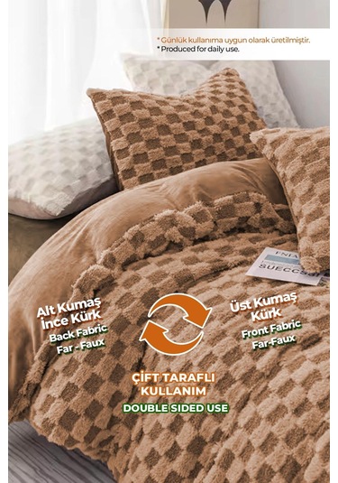 Evlen Home Çift Taraflı Kişilik Kürk Yorgan Uyku Seti Yumuşak Dolgulu Yatak Örtüsü 3 Parça Polo Kahverengi