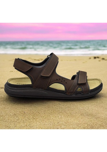 240105 Ortopedik Taban Erkek Sandalet Erkek Cırtlı Sandalet Kahverengi