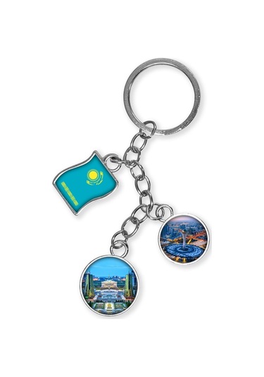 Kazakistan Üçlü Epoksi Metal Çift Taraflı Damla Anahtarlık Kazakhstan Gümüş