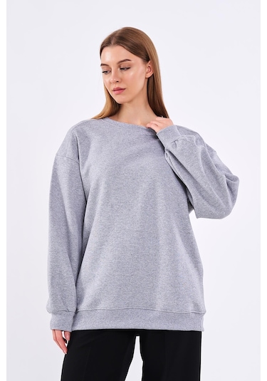 Comeor Gri Kadın Pamuklu Oversize Basic Bisiklet Yaka Sweatshirt 001