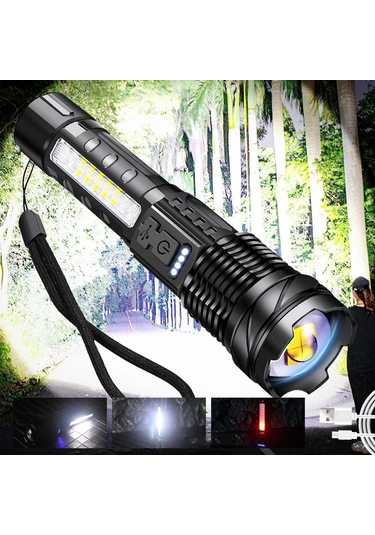 Lemestar 2600 Mah Pil Li-ion Dışarıda Kullanalım 30w Beyaz Lazer Feneri Cob Yan Lambalı Kırmızı-mavi Flash İş Aydınlatması Siyah