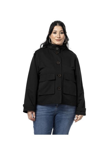 Büyük Beden Dik Yaka Kapaklı Torba Cepli Astarlı Kısa Siyah Trençkot Siyah