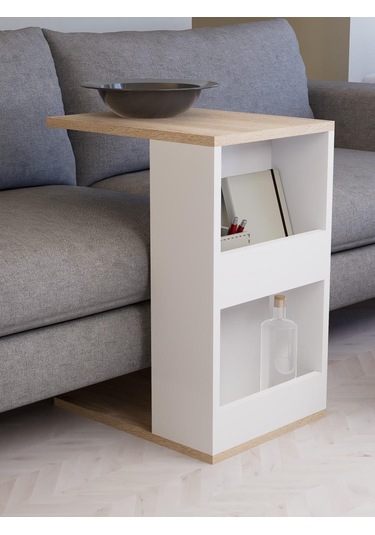 Dergilikli Raflı C Yan Sehpa, %100 Mdf Sonoma/beyaz Beyaz