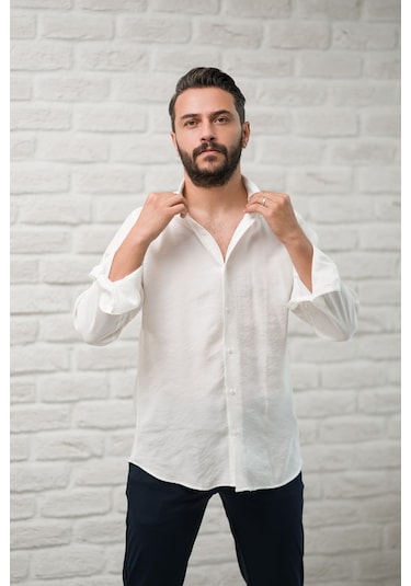 Regular Fit Yaka Düğmeli Yazlık Modal Kumaş Erkek Gömlek Beyaz