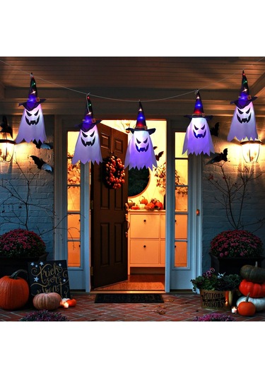 Cadılar Bayramı Dış Mekan Süslemeleri, Işıklı Asılı Hayalet Cadı Şapkası, Korkunç Cadılar Bayramı Ahşap Süslemeleri Çok Renkli